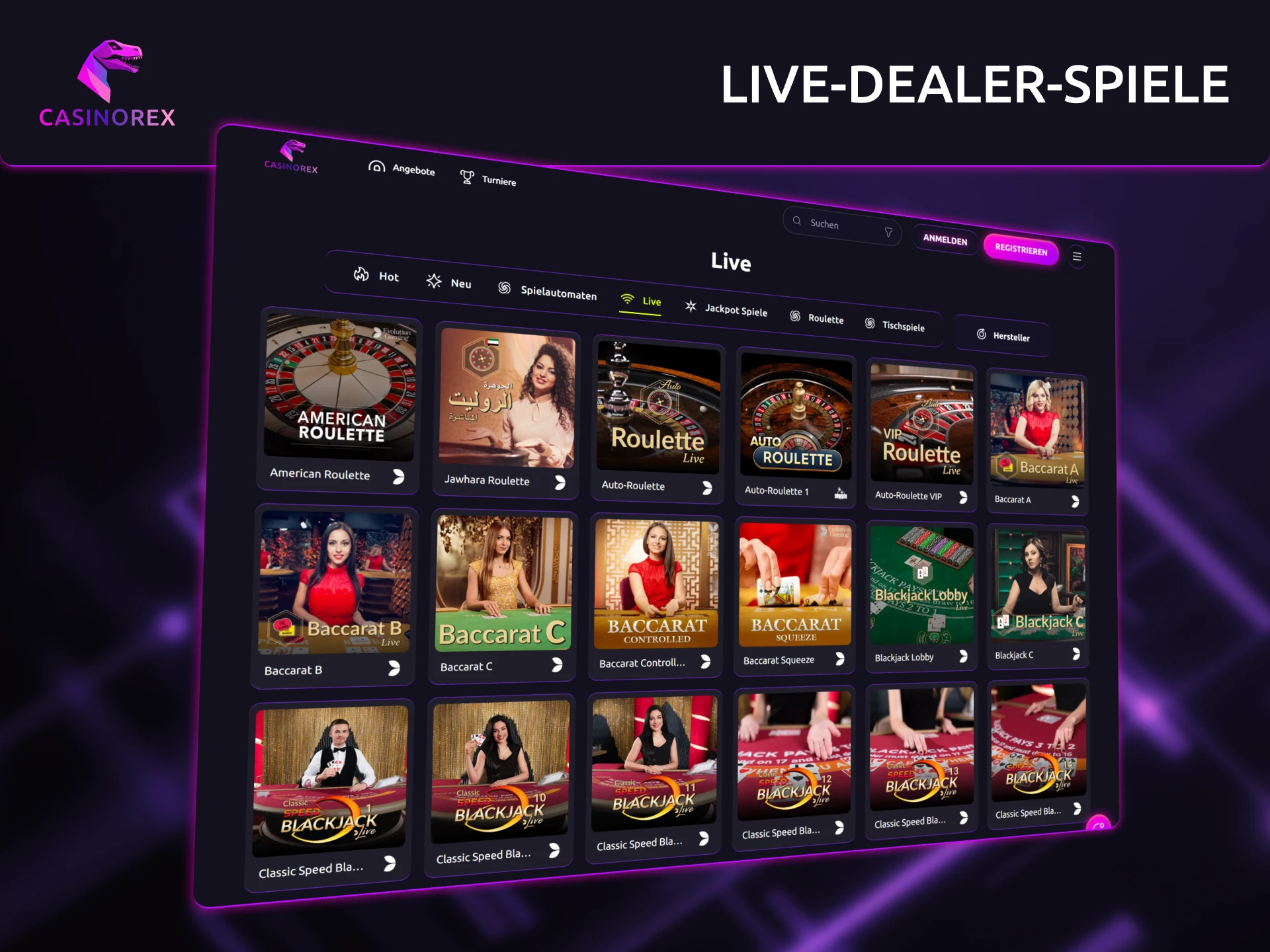 Live Casino Spiele bei CasinoRex mit echten Dealern.