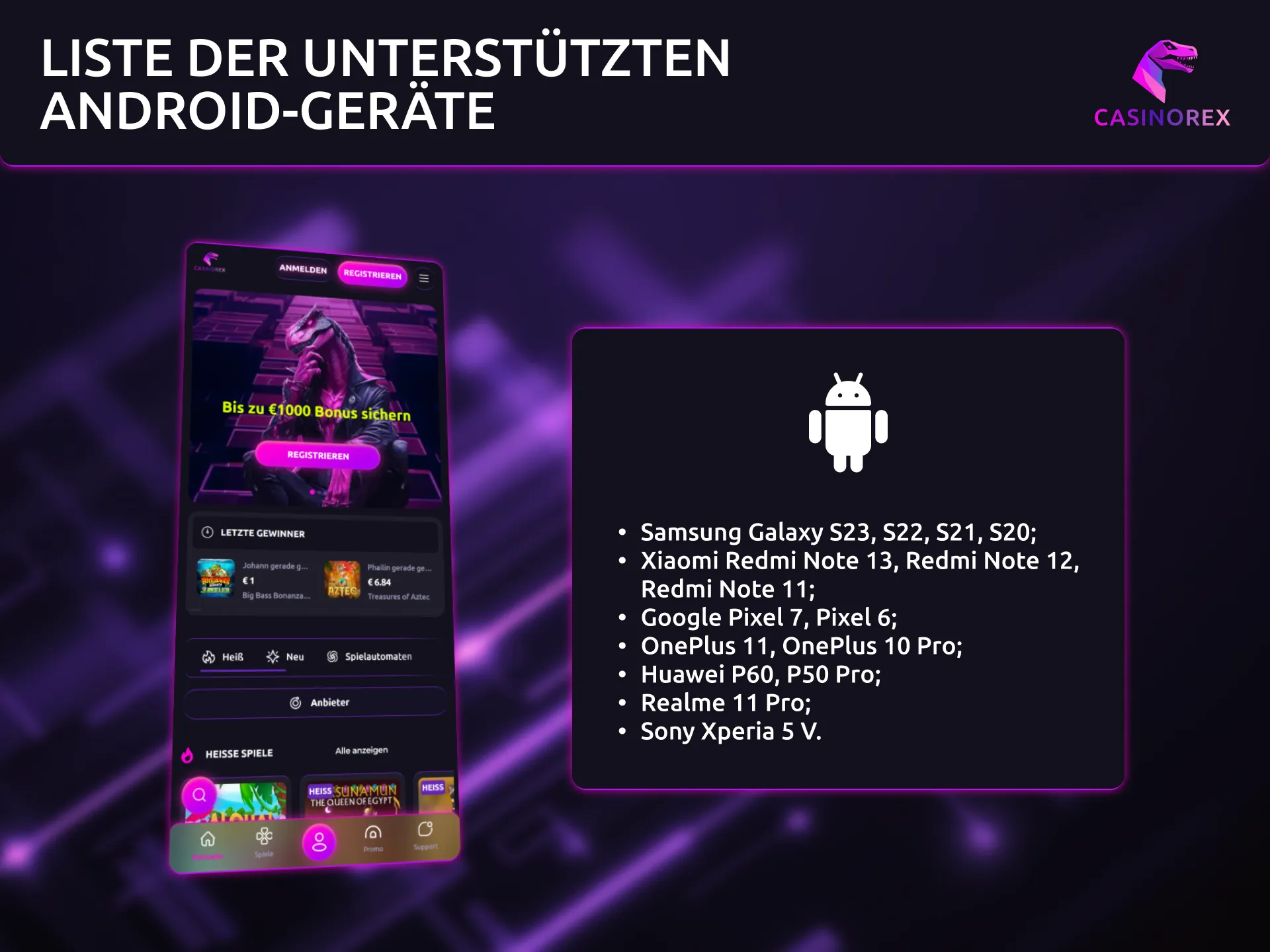 Unterstützte Android Geräte für die CasinoRex App sind hier gelistet.