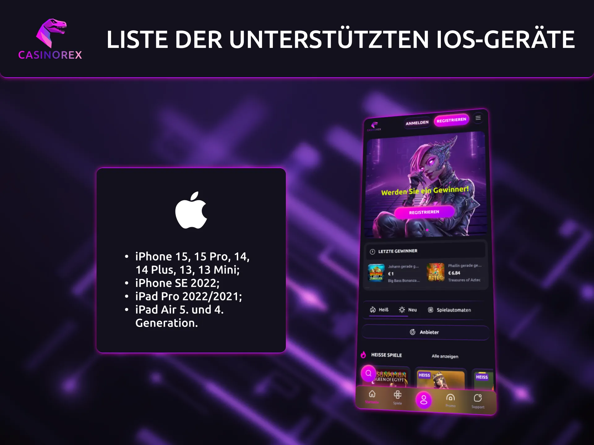 Unterstützte iOS Geräte für die CasinoRex App in Österreich werden angezeigt.