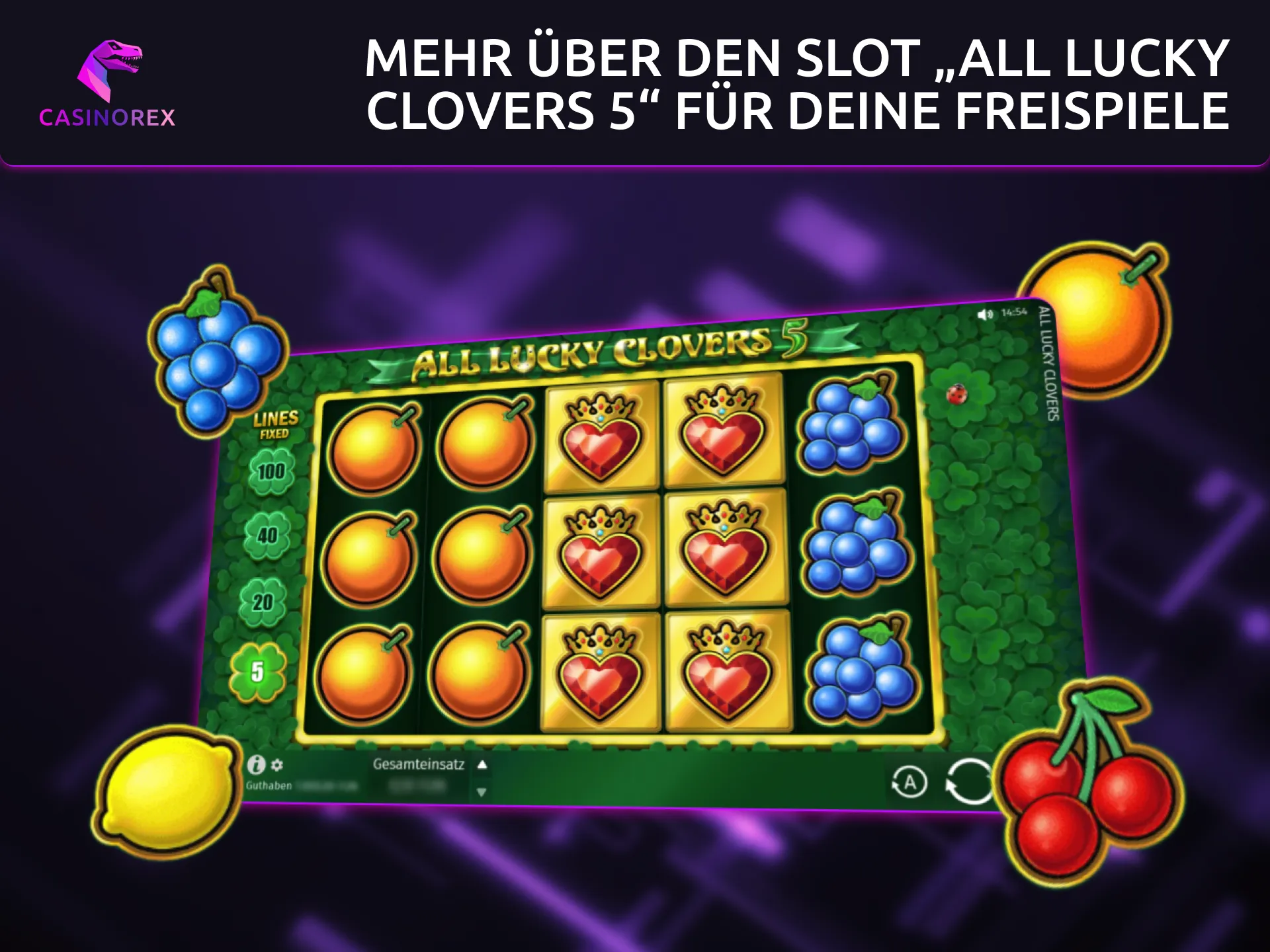 Genießen Sie All Lucky Clovers 5 bei CasinoRex mit spannenden Freispielen.