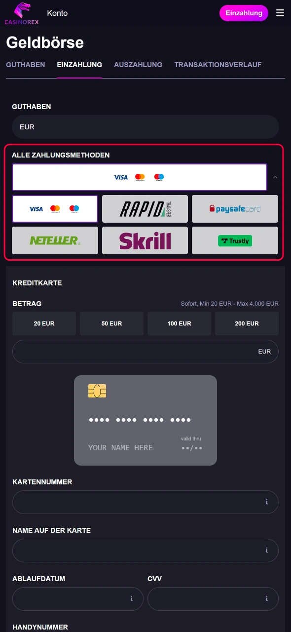 Klik op uw favoriete betaalmethode bij CasinoRex en stort of neem op met betrouwbare en snelle service.