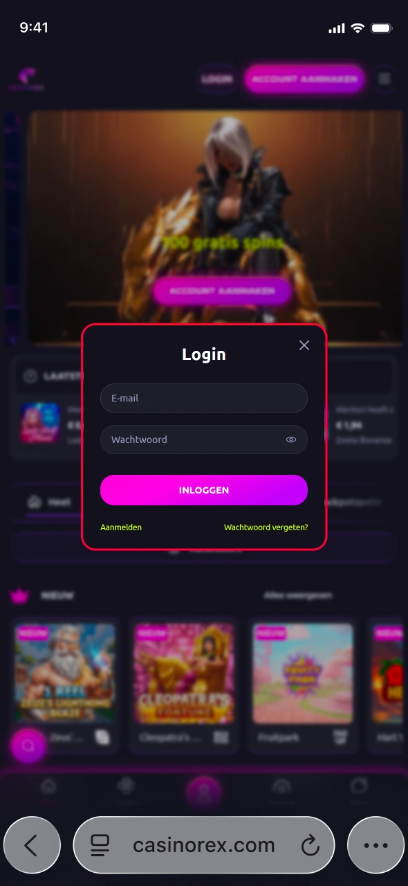 Log in bij CasinoRex en krijg snelle toegang tot uw saldo en favoriete spellen.