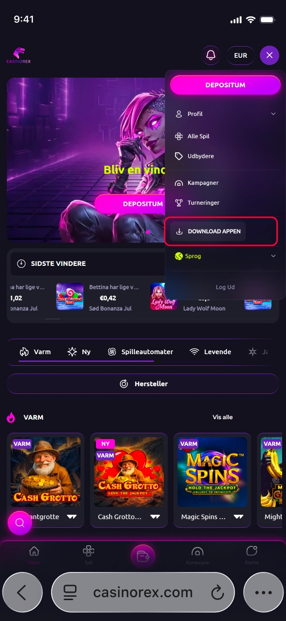 Download CasinoRex og få adgang til spil direkte efter installation.