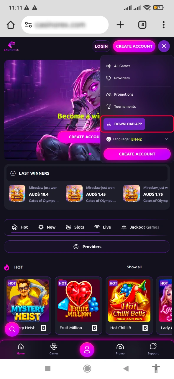 Tap to download the CasinoRex APK and experience complete casino functionality with secure payments and generous rewards.