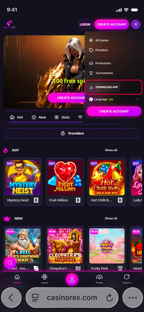 Click to install the CasinoRex app for iOS and follow the prompts to unlock full casino functionality with enhanced comfort.