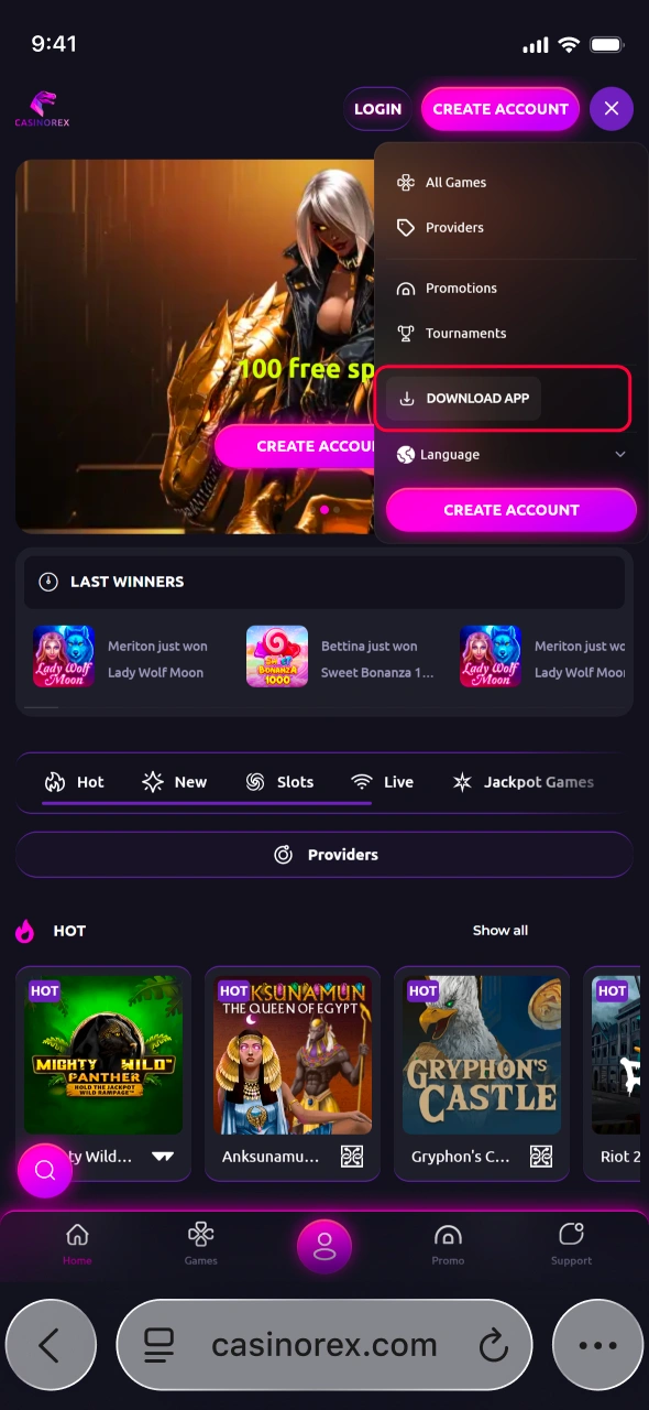 Download the CasinoRex software and complete the installation to access premium games and rewarding promotions.