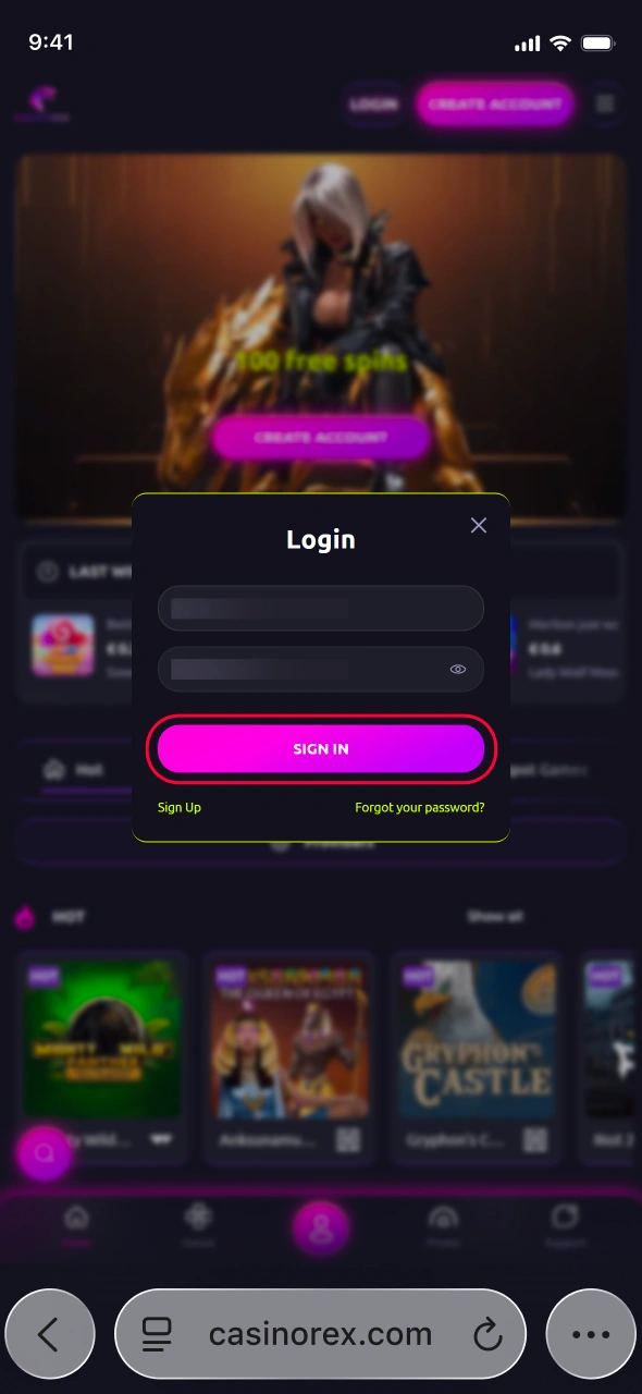 Sign in to your CasinoRex account or complete quick registration to unlock full access to games bonuses and secure payments.