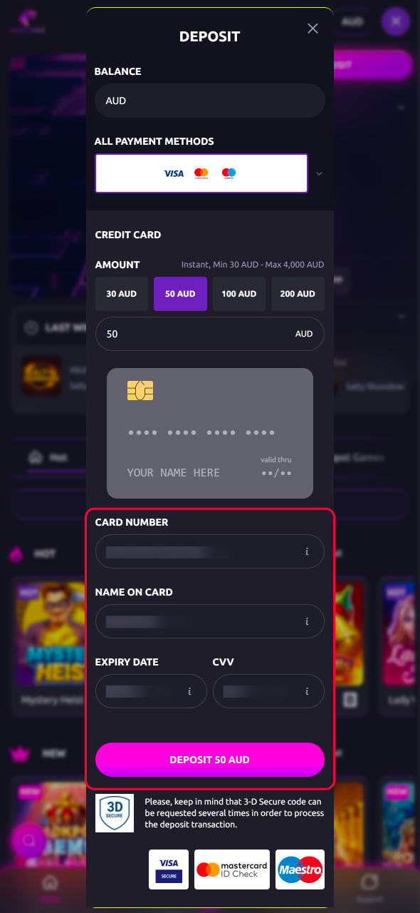 Provide the required details in the CasinoRex payment form and confirm the amount to finalize your transaction with ease.