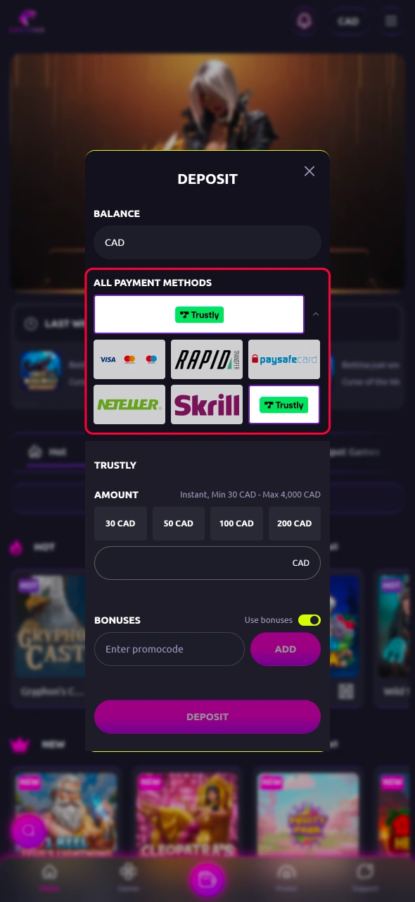 Choose a suitable payment option in CasinoRex and continue your transaction with reliable and protected processing.