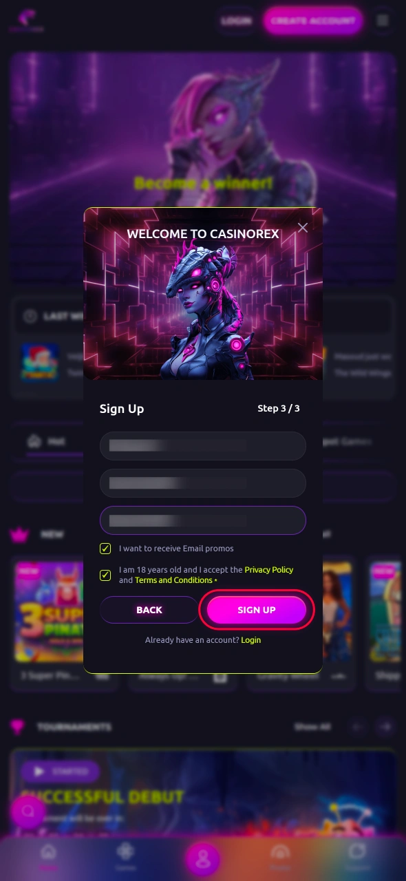 Submit your information at CasinoRex and enter your new profile automatically to enjoy seamless gameplay and exclusive welcome benefits.