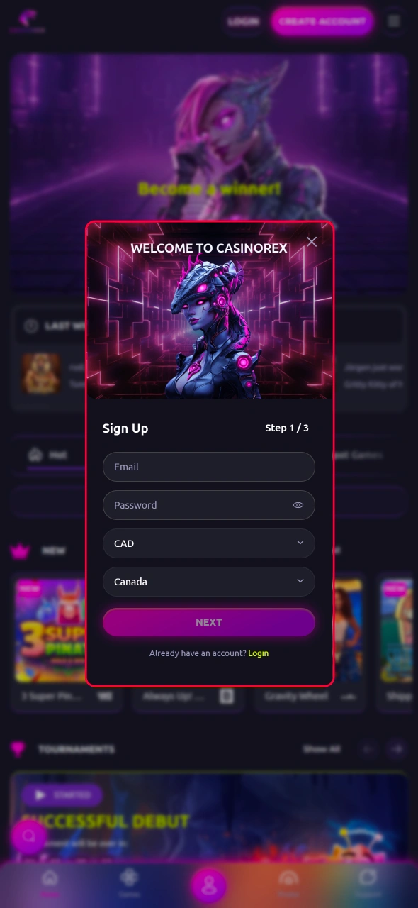 Provide your contact details in the CasinoRex sign up form and ensure smooth account verification and seamless access.