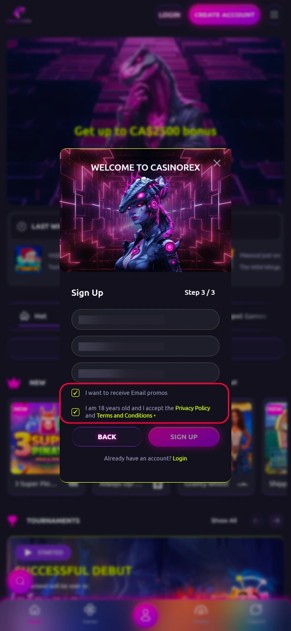 Check the CasinoRex terms of use and confirm your registration to unlock games bonuses and secure account management.